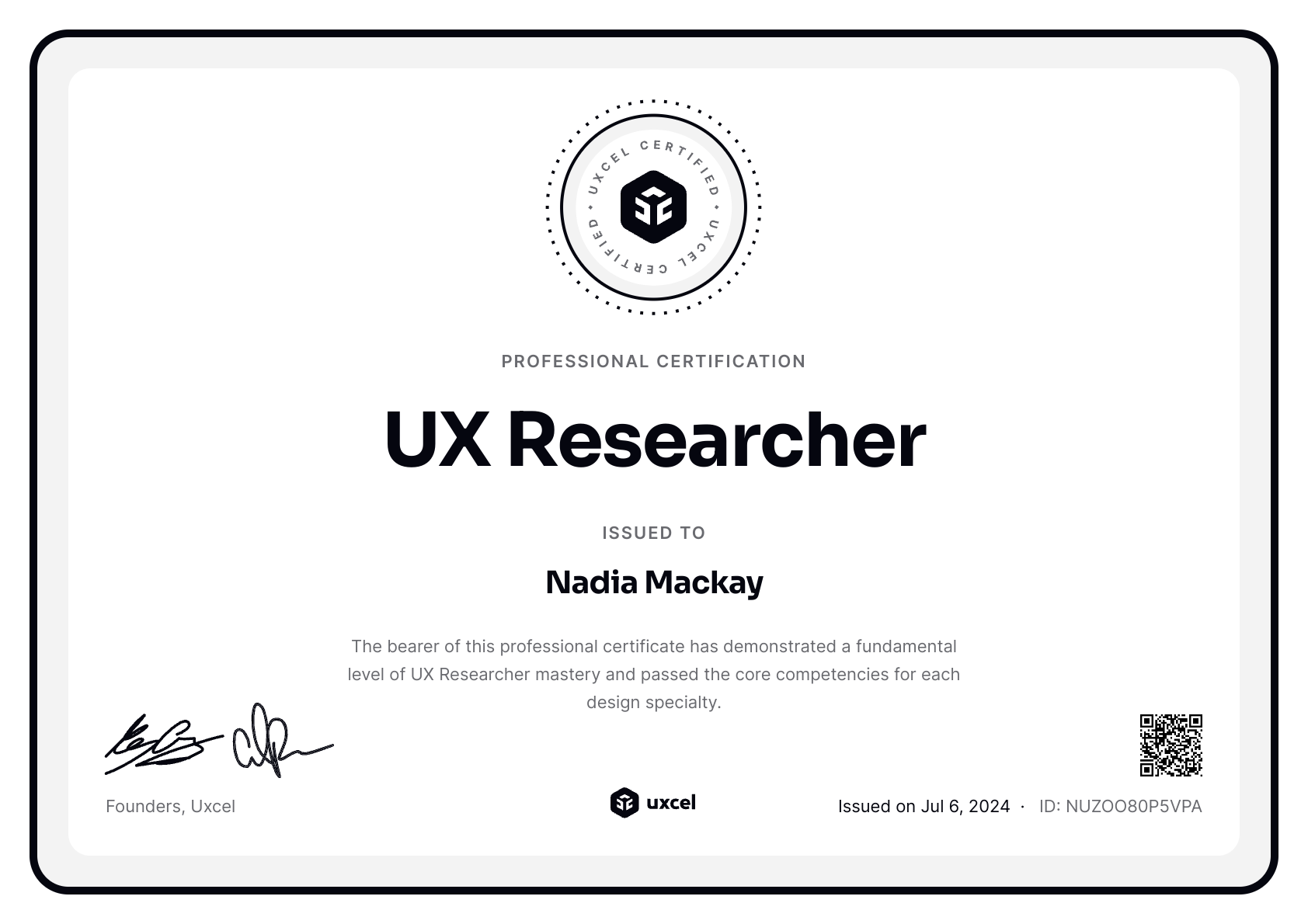 Nadia Mackay's certificate